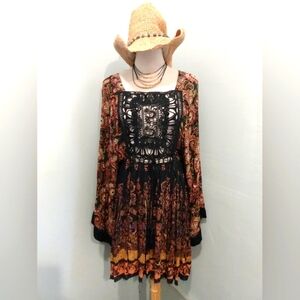 Free People FP ONE Tunic Black Peasant Top XS Crochet Dress Rustic Ranch Prairie
